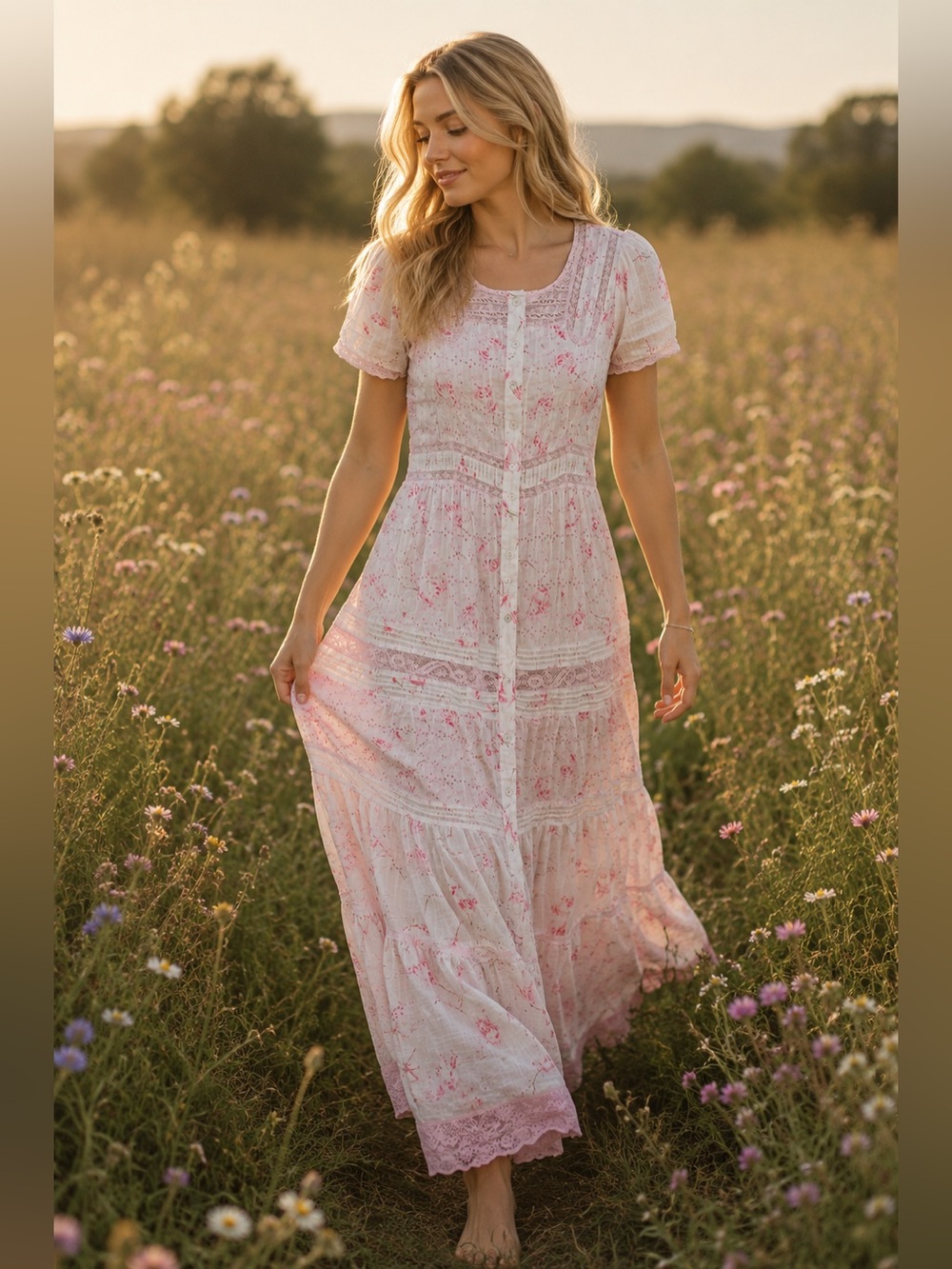 LoveShackFancy Pink Floral Lace Trim Maxi Dress size 2